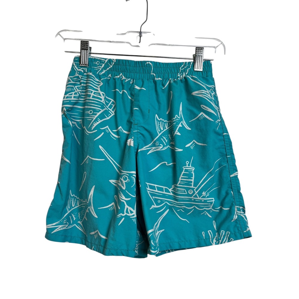 Columbia Kids Teal Fish Boat Print Swim Trunks Shorts‎ Size 6